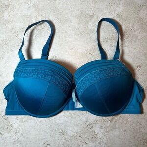 Willow Bay 36C Bra Blue Flower Floral Lace Overlay Bow Underwire Lined EUC